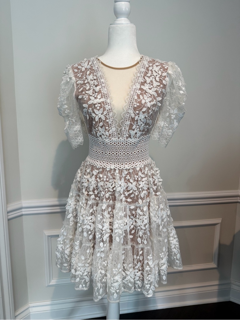 Bronx and Banco White Floral Lace Deep V Mini Dress